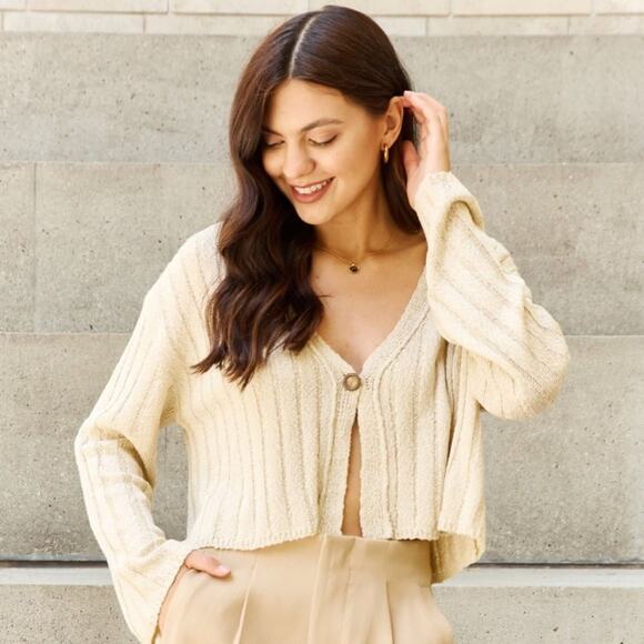 POL Hear Me Out Cropped Ribbed One Button Bell Sleeve Cardigan Small Cream Boho - Picture 1 of 10